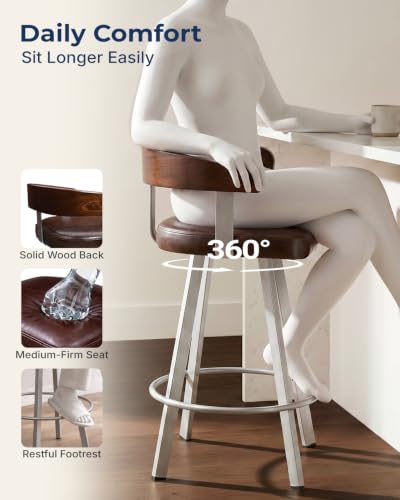 Image of FORSPARK 26 inch Swivel Counter Height Barstool, 350 lbs Capacity Bar Stools | 360 Rotation, Easy to Assemble, Wide Foam Seat, Solid Wood Backrest, Heavy Weight for Kitchen Dining Cafe, Coffee & Sliver