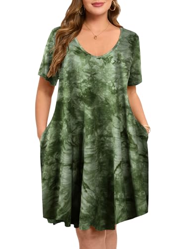 Image of ZENNILO Women's Plus Size Swing Dress with Pockets Casual Summer Dresses V Neck Short Sleeve T Shirt Dress for Women