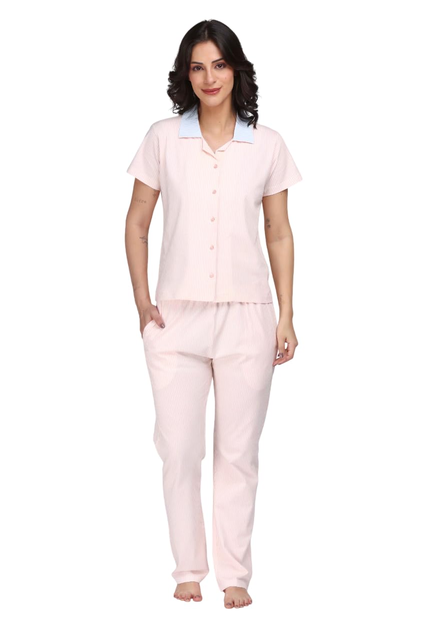 Striped Cotton Pyjama Set for Women | Contrast Collar Button-Down Shirt & Straight-Leg Bottoms | Lightweight Summer Sleepwear Pajamas-image-8