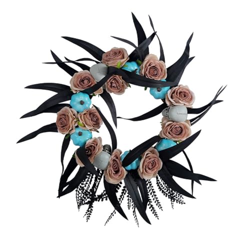Corona de Halloween con flores artificiales para cosecha de otoño con calabaza para puerta delantera, granjas, exteriores, corona de Halloween