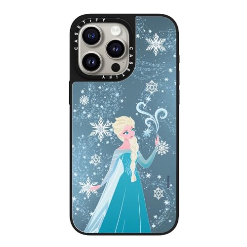 CASETiFY Mirror iPhone 15 Pro Max Case [Frozen Co-Lab / 4.9ft Drop Protection/Compatible with Magsafe] - Elsa's Snow Flurry - Silver on Black