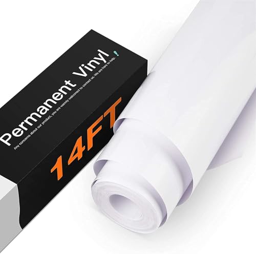HTVRONT White Permanent Vinyl - 12 x 14FT Glossy Permanent Adhesive White Vinyl Roll Compatible with Cricut Cutting Machine Silhouette Cameo Cutters Signs Scrapbooking Craft Die Cutters