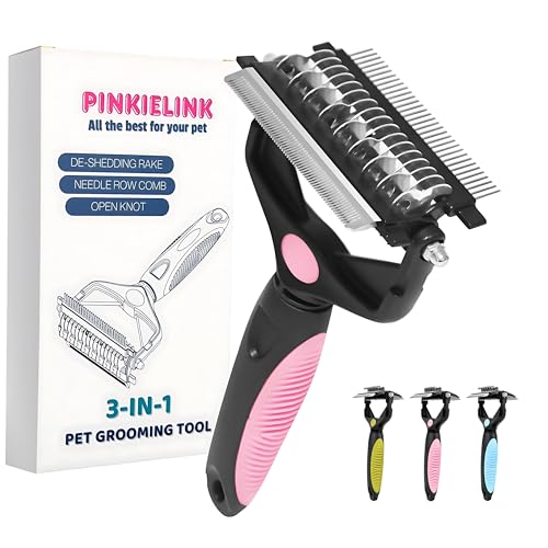 PINKIELINK 3イン1ペットグルーミングツール - アンダーコートレーキ、デマットコーム&脱毛ブラシ 猫&犬用 - マット、もつれ&ゆるい毛を取り除き、抜け毛を減らし、髪の汚れを防ぎます(ピンク)の商品画像（Amazon）
