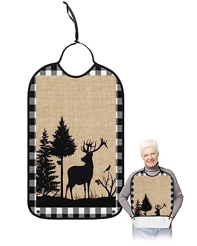 Christmas Elk Adult Bibs for Eating, Waterproof Bibs with Food Catcher & Adjustable Snap Closure, Xmas Tree White Black Buffalo Plaid Washable Clothing Protectors Adult Bibs for Elderly Women/Men
