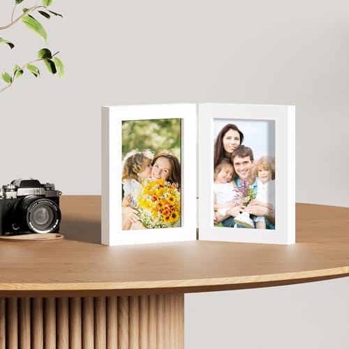 decorUhome Double 4x6 Picture Frame Vertical, Engineered Wood Bifold Photo Frame with Plexiglass for Tabletop Display, 4x6, White