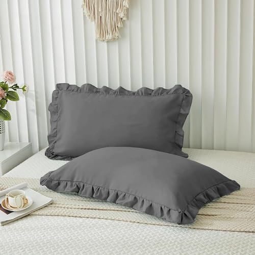 Image of Ruffle Pillow Shams Microfiber Standard Size Set of 2, Pack 20" X 26" - Solid Ruffled Fringe Design Pillow Cases Soft & Breathable - Unique Collection Decorative Pillow Covers - Dark Grey