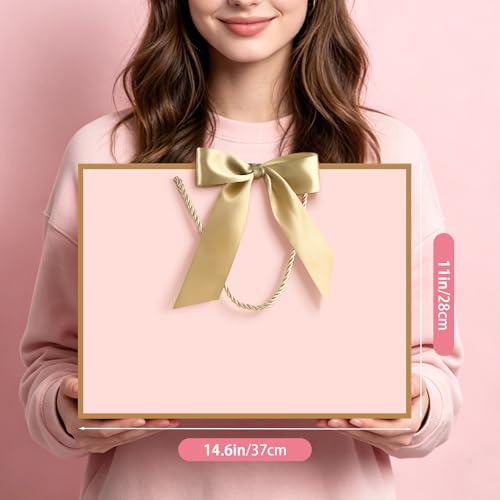 Image of JMANNI Pink Gift Bags with Handles, 14.6 inch Large Gift Bags with Tissue Paper | 2 Pcs Pink Gold Bags, 4 Tissue Paper and 2 Cards, for Baby Shower, Wedding Bridal Shower, Birthday Party