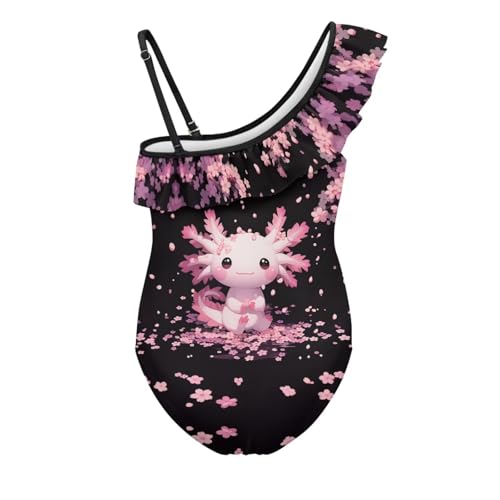 Image of WELLFLYHOM Axolotl Girls One Piece Swimsuits 3-14 Ruffle One Shoulder Bathing Suits Full Coverage Beachwear