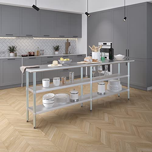 Image of AmGood Stainless Steel Work Table with 2 Shelves | NSF | Metal Utility Table (96 inch Long x 18 inch Deep)