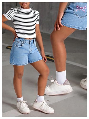 MakeMeChic Girl's Jorts Denim Shorts Bow Embroidery Straight Leg Bermuda Jean Shorts with Pockets