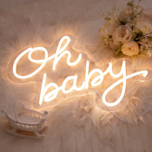 Image of Oh Baby LED Neon Sign for Backdrop, Baby Shower Nursery Decor Dimmable USB | Backdrop & gender reveal sign. Warm white glow for party photos, dimmable for baby showers, birthday parties & nursery decor