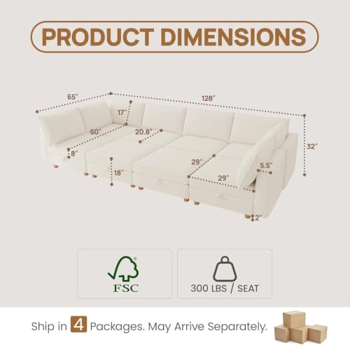 Image of 128 inch Chenille Modular Sofa Bed with Washable Covers & Storage, 8-Seater Modular Sectional Sleeper Sofa Bed with Movable Ottoman Chaise, Convertible Sleeper Sectional Couches for Living Room, Beige