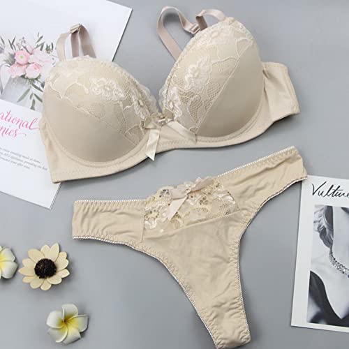 Push Up Bra and Panty Sets for Women, Lace Lingerie Underwire Bras and Panties Set Beige