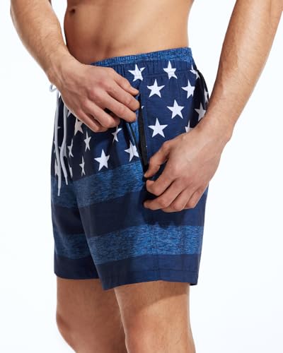 SILKWORLD Mens Swim Trunks with Compression Liner Board Shorts with Zipper Pockets, Denim American Flag, Medium3