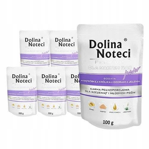 Dolina Noteci Junior Glutenfrei Premium mokra karma dla małych psów z wątróbką króliczą i językiem jelenia, worek 10 x 100 g mokra karma dla szczeniaków