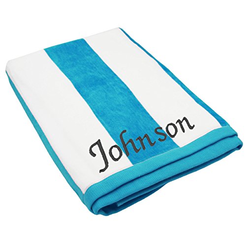 The Wedding Party Store Premium Personalized Striped Cabana Beach Towel 35" x 60" - Monogrammed Pool Towels - Custom Embroidered (Turquoise)