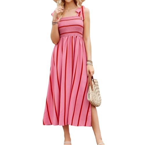 Image of BROVAVE Women Summer Floral Dress: Casual Square Neck Flowy Boho Beach Midi Sundress Sleeveless Tie Shoulder Vacation Daily