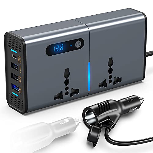 FOKKAH 200W Car Power Inverter DC 12/24V to 220V AC Car Inverter 3 USB 1 Type-C Ports Charger Adapter Car Plug Converter with Switch and Current LED Screen Suitable for Cars SUV & Truck(Silver gray)