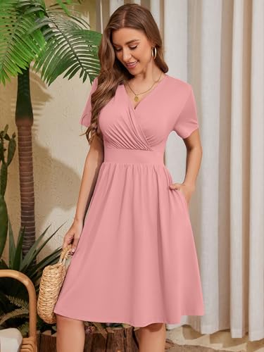 Image of Heymoments Womens Summer Short Sleeve Casual Dresses V-Neck Beach Dress with Pockets S-2XL