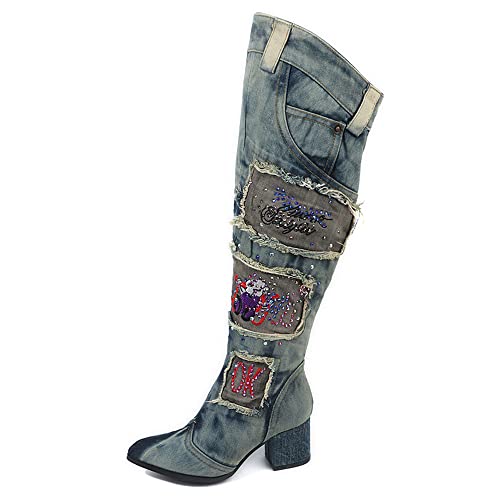 BB BEROBELLO FASHION IS AN ATTITUDE Women's Denim Knee High Boots Pointed Toe Rhinestone Punk High Heel Boots
