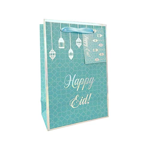 Peacock Supplies Happy Eid Gift Bag - 21 cm x 15 cm x 8 cm | Teal & Iridescent | Matching Tags Included | Sturdy 300gsm Card to Hold Sweets Treats & Presents | Great For Kids or Adults Gifting