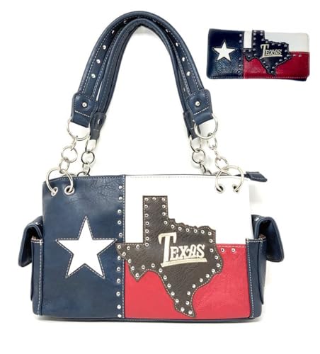Premium American National Flag Rhinestone Handbag, Messenger bag, Wallet in Multi Colors (Texas State Map Set)
