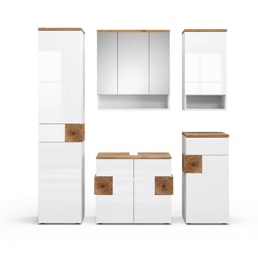 Vicco Badmöbel-Set Eden, Weiß Hochglanz, 73 cm, besteht aus Waschbeckenunterschrank, Spiegelschrank, Hochschrank, Midischrank und Hängeschrank