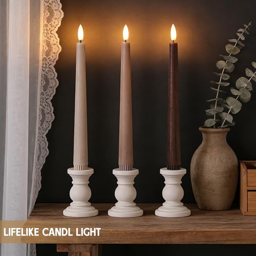 Image of Brown Flameless Taper Candles with Remote, 9.6 Inches Real Wax Battery Operated Candles, 3 Pack Flickering LED Candlesticks, Tall Taper Fake Candles for Home, Wedding, Party