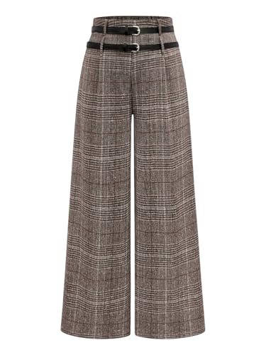 SOLY HUX Women's Plus Size Dress Pants Plaid Wide Leg High Waisted Work Office Tailored Pants with Belt