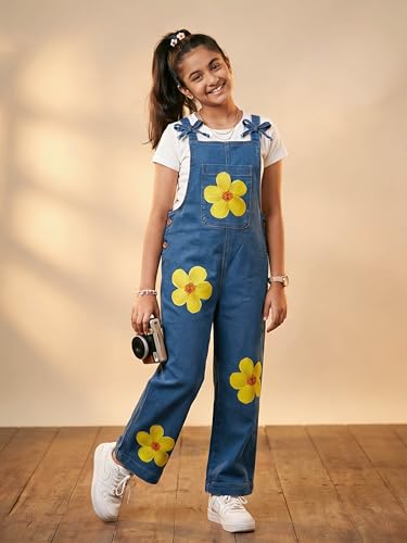 Image of KiddoPanti Girls Denim Dungaree Pant | Cotton Blend Stretch Jumpsuit | Single Front Pocket | Stylish Casual Kids Dungaree | Comfortable Everyday Wear 1-14 Years