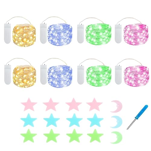 MUXIJIA 8 Pieza Cadena de Luces, Guirnalda de Luces 2M 20 LED, Estrellas y lunas fluorescentes, adecuado para Navidad, habitación, fiesta, jardín, boda, accesorios de luz de hadas (4 colores)