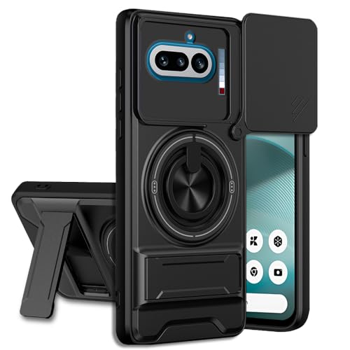 Image of Nothing Phone 4A 5G Back Cover | Armor Camera Slider 360 Degree Rotating Finger Ring Holder Case with Bracket Stand Back Case Cover (Compatible with MagSafe Accessories) (Black)