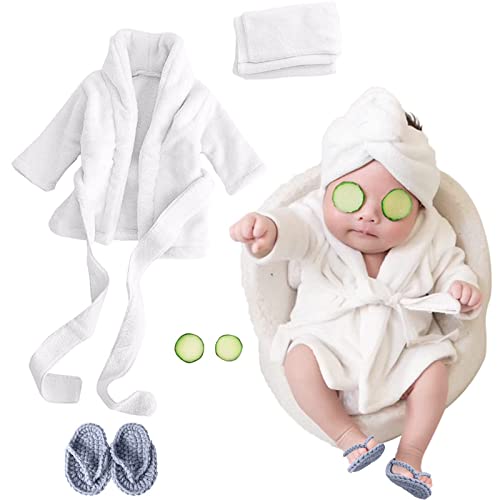 Image of SPOKKI Newborn Photography Props Baby Girl 5 PCS Bathrobes Bath Towel Outfit with Slippers Cucumber Photo Props for Infant Boys Girls(0-6 Months)