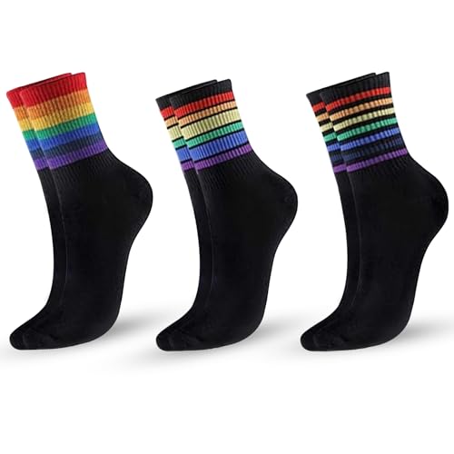 3 Paar Regenbogen-Socken aus Baumwolle – Bunte gestreifte Pride-Socken für LGBTQ+ Accessoires & CSD-Outfits (Schwarz)