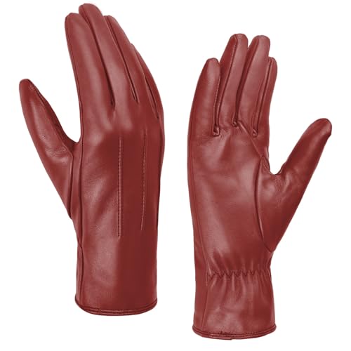 Guantes de piel de invierno para mujer ideales para días fríos y uso de móviles en rojo L