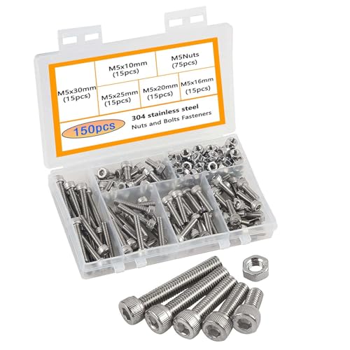 HVDHYY M5 Vis et Écrous Assortiment 150pcs Acier Inoxydable 304 Six Pans Creux