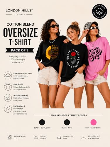 Image of London Hills Oversized Tshirt for Woman | t Shirt for Woman Oversized Fit Printed Round Neck | Tops for Woman's | Women t Shirt Loose Fit Drop Shoulder | t Shirts for Women | Western Tops