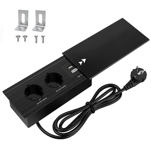 Simmpatuu Enchufe Integrado de Escritorio de Aluminio, con 2 Enchufes, 1 USB, 1 PD18W Type C, para Oficina, Cocina, Cable de 1,8m, Negro