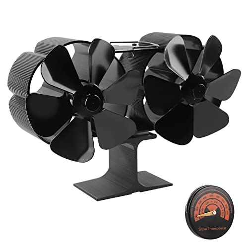 EXLECO 12 Hojas Ventilador Estufa, Ventilador de Chimenea Energía Térmica, Actualización de Funcionamiento Silencioso, Doble Motor Circulación Acelerada del Aire - Negro Cover