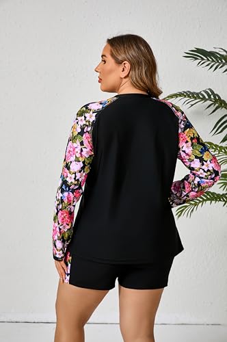 Women Plus Size Two Piece Long Sleeve Rash Guard Sets Built in Bra Swim Shirt Top and Shorts with Pockets UPF50+4