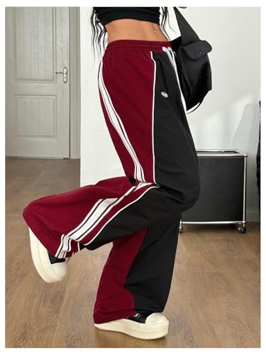 GORGLITTER Women's Baggy Track Pants Y2K Color Block Drawstring High Waisted Parachute Pants2
