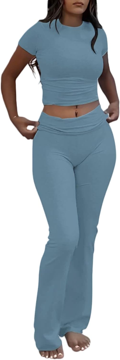 AYWA Women's 2 Piece Lounge Sets Short Sleeve Crop Top Foldover Flare Pants Casual Pajama Outfits