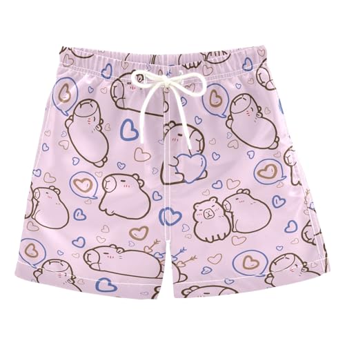 Cute Capybara with Hearts Pink Boys Swim Trunks Boys Beach Board Shorts Quick Dry Bathing Suit