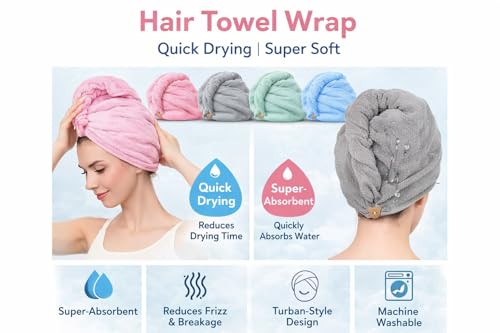 Image of Hair Towel Wrap for Women | Quick Dry Microfiber Hair Turban with Button Loop | Super Absorbent Soft Head Towel | Lightweight Anti-Frizz Hair Wrap