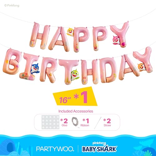 Image of PartyWoo Baby Shark Pink Happy Birthday Banner Letter Balloons 16 Inch Pink Mylar Foil Letter Balloons for Girls and Boys Baby Shark Under the Sea Ocean Theme Kids Birthday Party Decorations
