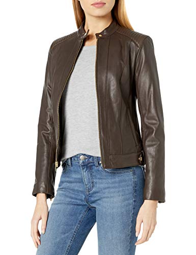 Cole Haan Women's Racer Jacket with Quilted Panels, Deep Espresso, Small