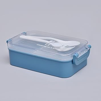 Leak Proof 2 Compartment Lunch Box Reusable Microwave Freezer Safe Food Containers with Spoon for Adults and Kids (1Pc - Multicolor) PP Food Grade Plastic (Blue)