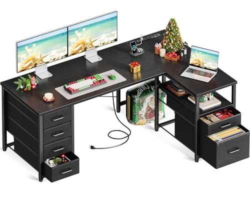 Coleshome L Shaped Computer Desk with 6 Drawers & Power Outlet, 55 Inch Corner Desk with Reversible Storage Shelf & File Drawer, Home Office Desk, Black Coleshome L Shaped Computer Desk with 6 Drawers & Power Outlet, 55 Inch Corner Desk with Reversible Storage Shelf & File Drawer, Home Office Desk, Black