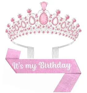 Birthday Tiara and Crown with Sash, Birthday Tiara for Women Party (Pink)