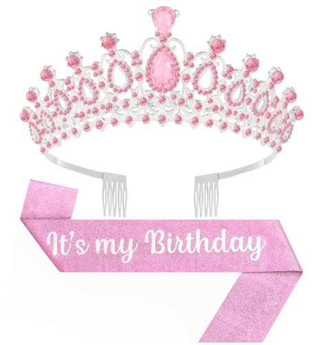 Birthday Tiara and Crown with Sash, Birthday Tiara for Women Party (Pink)